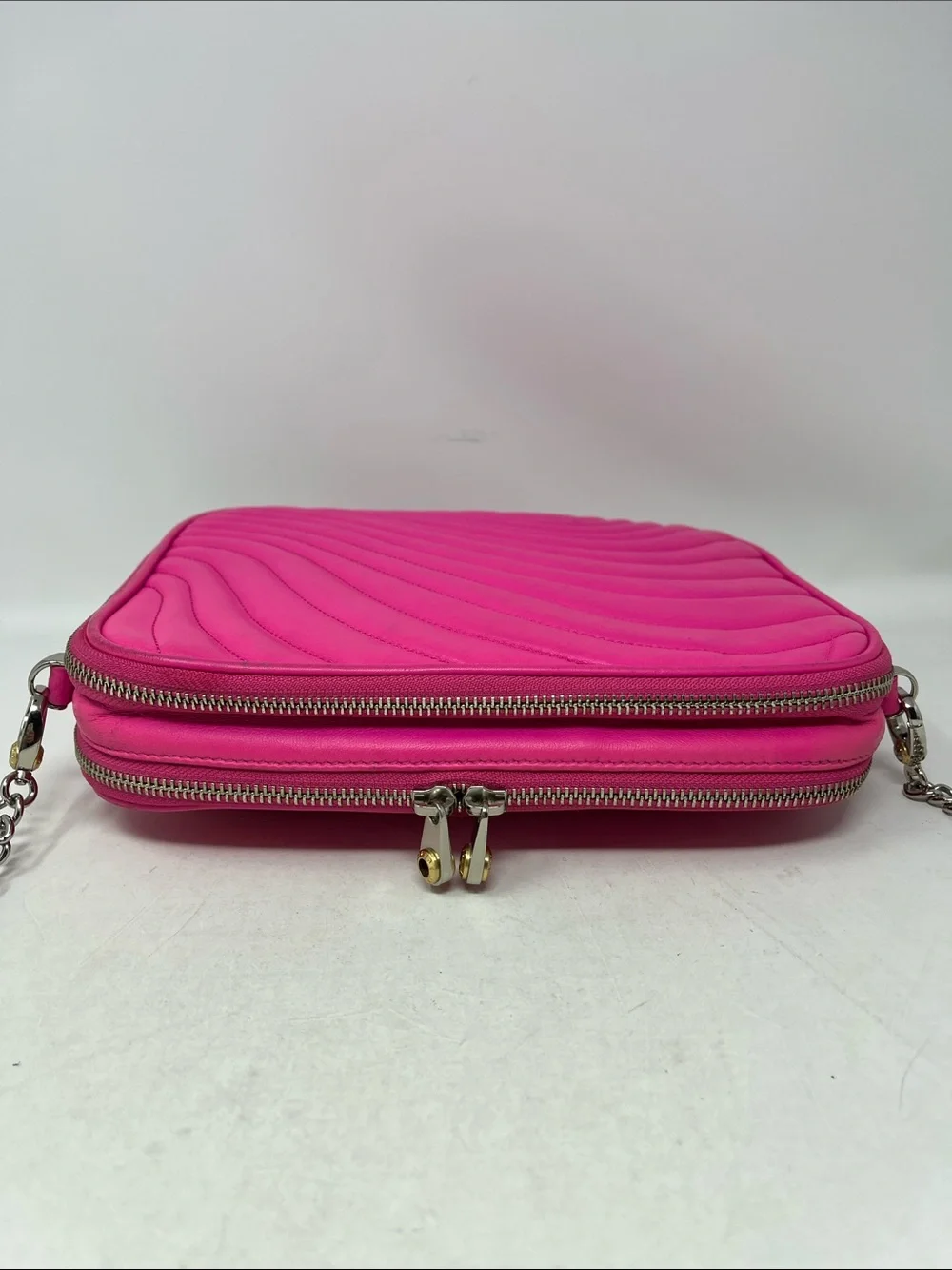 RARE Henri Bendel No. 7 East West Quilted Leather iPad Crossbody Bag - Hot Pink